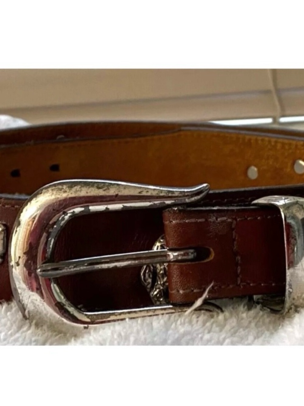 Women's Brown Leather Belt with Polished Silver Buckle